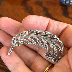 Silver marcasite feather brooch